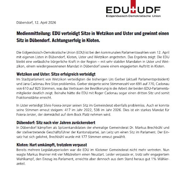 EDU_ZH's tweet image. Sitzgewinn für die EDU und vor allem: Überall Zuwachs an Wähleranteil. Die EDU setzt ihren Erfolgskurs fort.