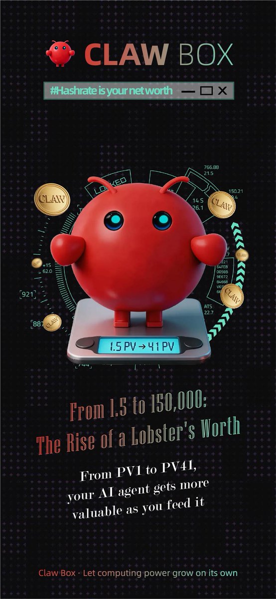 ClawBoxcs's tweet image. 龙虾养成指南（3/5）

第三步：手动喂养，让它长大

每3天，你的龙虾会向你发出请求：
“主人，我需要进食才能升级。”

你手动支付一点CLAW，它就会蜕壳升级。
算力暴涨，第二天产量直接翻倍！

你喂得越多，它长得越快。

#ClawBox #Upgrade