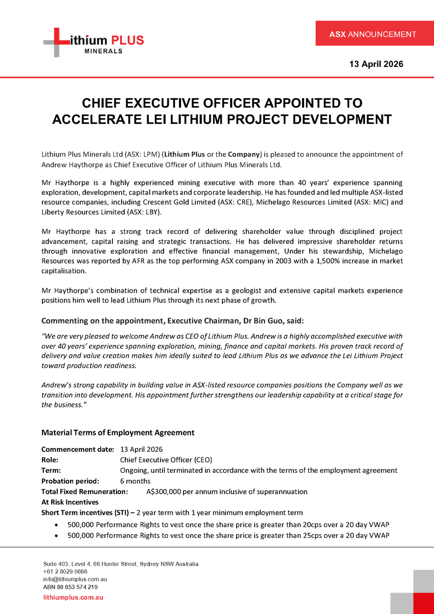 LithiumPlus_'s tweet photo. We are pleased to announce the appointment of experienced mining executive Andrew Haythorpe as Chief Executive Officer. Andrew is well placed to lead $LPM as we advance the Lei Lithium Project.

Read here: https://t.co/NkP0pRMJ8y

#lithium #asx https://t.co/YgJcMyjoCn