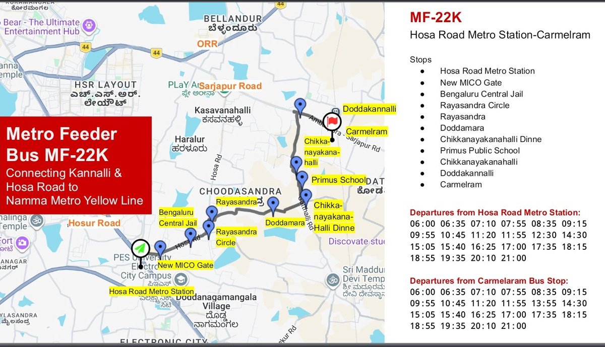 vasudevg's tweet image. BMTC feeder buses bridges last-mile gap to #YellowLine metro. 
#BMTC #Bengaluru 
(Route map PC : @sahana_srik )
