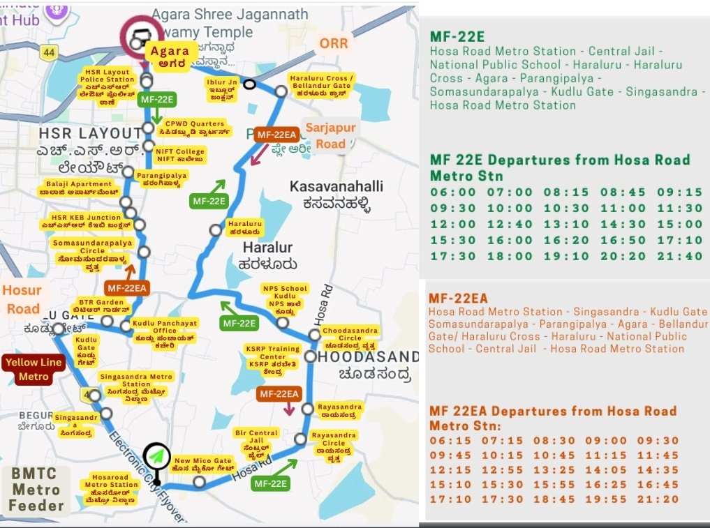 vasudevg's tweet image. BMTC feeder buses bridges last-mile gap to #YellowLine metro. 
#BMTC #Bengaluru 
(Route map PC : @sahana_srik )