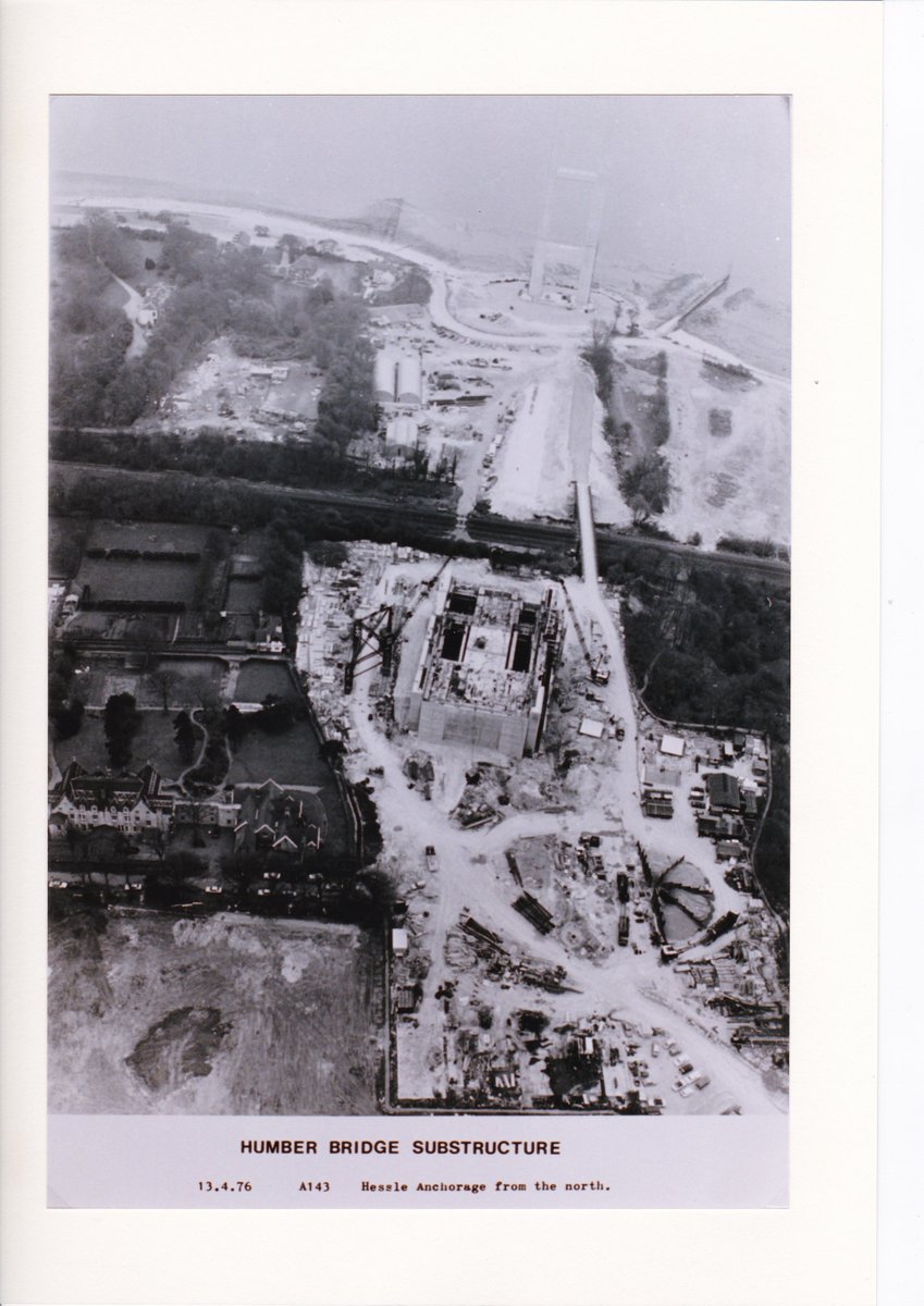 HumBridgeNews's tweet photo. On this day 50 years ago, these stunning aerials shots show the North Tower at full height and the groundworks on the car parks, toll plaza and admin building. Both Hessle and Barton anchorages were progressing well.

#humberbridge #ukengineering https://t.co/xlnAgDBjx0