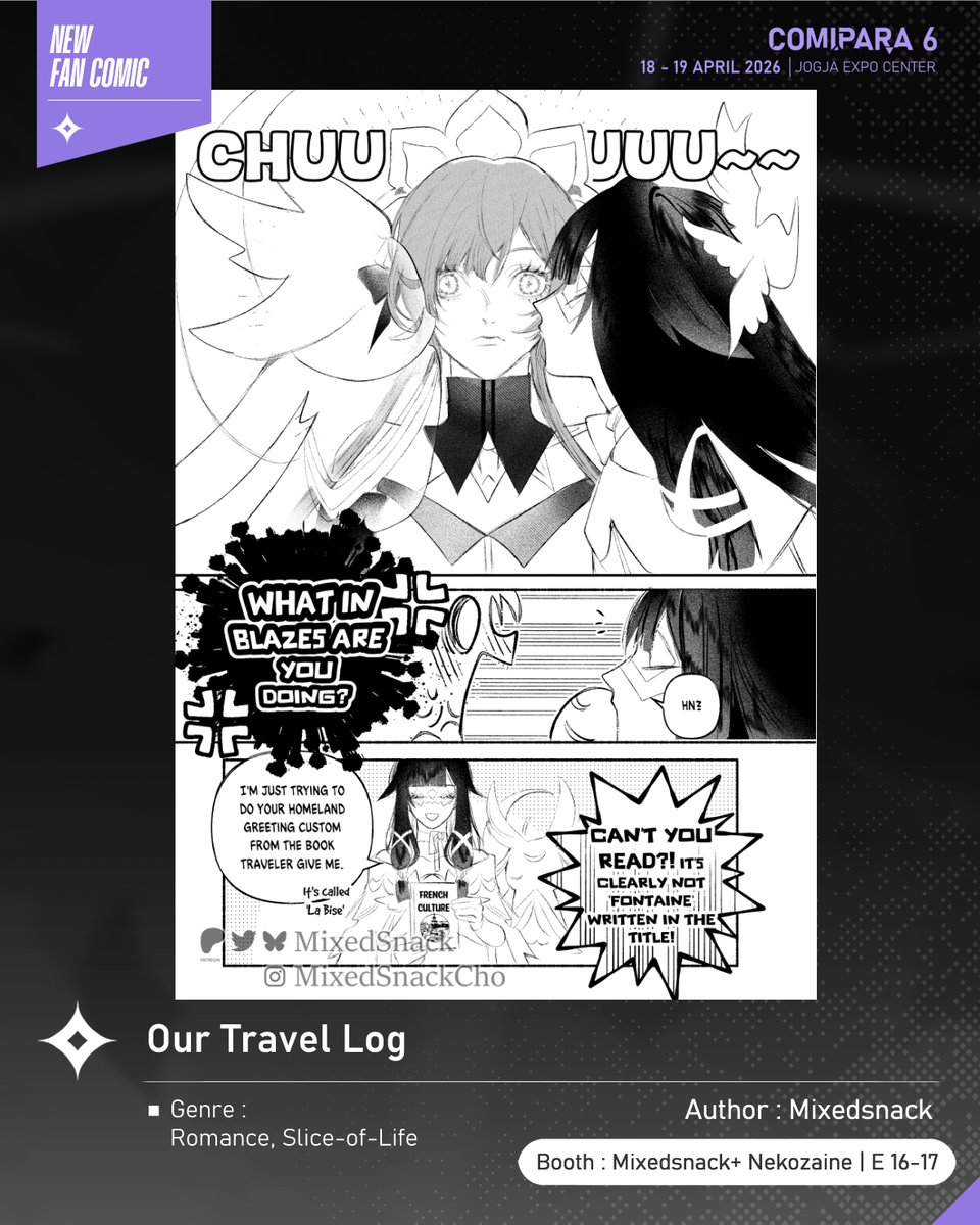 comipara_id's tweet image. [COMIC RAID]
Author: Mixedsnack 
Booth: E 16-17  -  Mixedsnack+ Nekozaine

Kali ini ada komik baru karya Kak Mixedsnack , berjudul "Our Travel Log" yang akan dijual di Comipara 6 besok lho!

Sampai ketemu di venue! ✨

Comipara 6
18-19 April 2026
Jogja Expo Center

#comicraid6