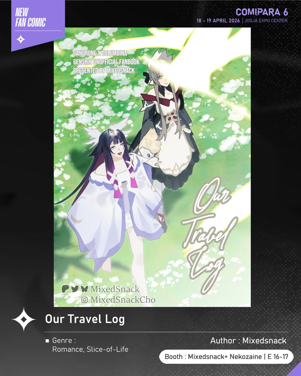 comipara_id's tweet image. [COMIC RAID]
Author: Mixedsnack 
Booth: E 16-17  -  Mixedsnack+ Nekozaine

Kali ini ada komik baru karya Kak Mixedsnack , berjudul "Our Travel Log" yang akan dijual di Comipara 6 besok lho!

Sampai ketemu di venue! ✨

Comipara 6
18-19 April 2026
Jogja Expo Center

#comicraid6