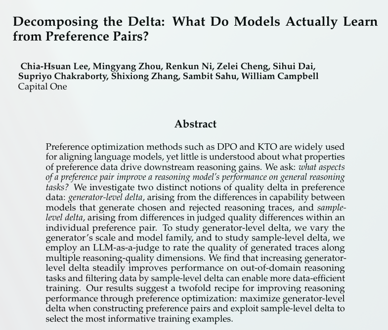 f14bertolotti's tweet photo. This paper digs into what actually makes delta learning work. The authors show that it’s not just about the chosen trajectory being correct relative to the rejected one. What drives the gains is the coherence of reasoning across the trajectory.

🔗https://t.co/TSEllrOdxN https://t.co/5hpyCrVs1c