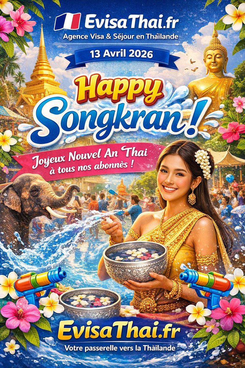 💦 Happy Songkran 🇹🇭
Nouvel an thaï = traditions + water fights 🔫

Toute l’équipe Evisathai.fr vous souhaite une excellente année 🙏

👉 evisathai.fr

#Songkran #Thailande