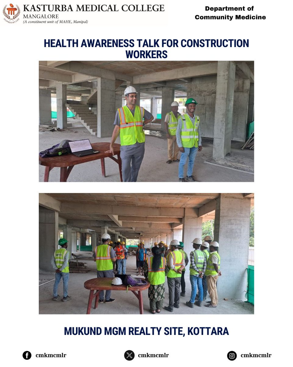 Dept of Com Med, KMC Mangalore conducted a health awareness talk for construction workers on 9 Apr 2026 at Mukund MGM Realty site, Kottara. The session covered TB, substance use, vector-borne diseases, and heat stress. A total of 60 workers attended.