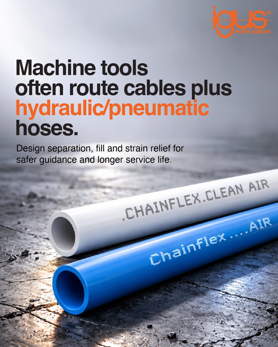 IgusIndia's tweet image. In machine tools, cables often run alongside hydraulic and pneumatic hoses—making proper routing essential for reliable performance.

Click in the link to know more: igus.in/hoses/pneumati…

#igus #CableManagement #EnergyChains #MachineTools #IndustrialAutomation #MotionPlastics