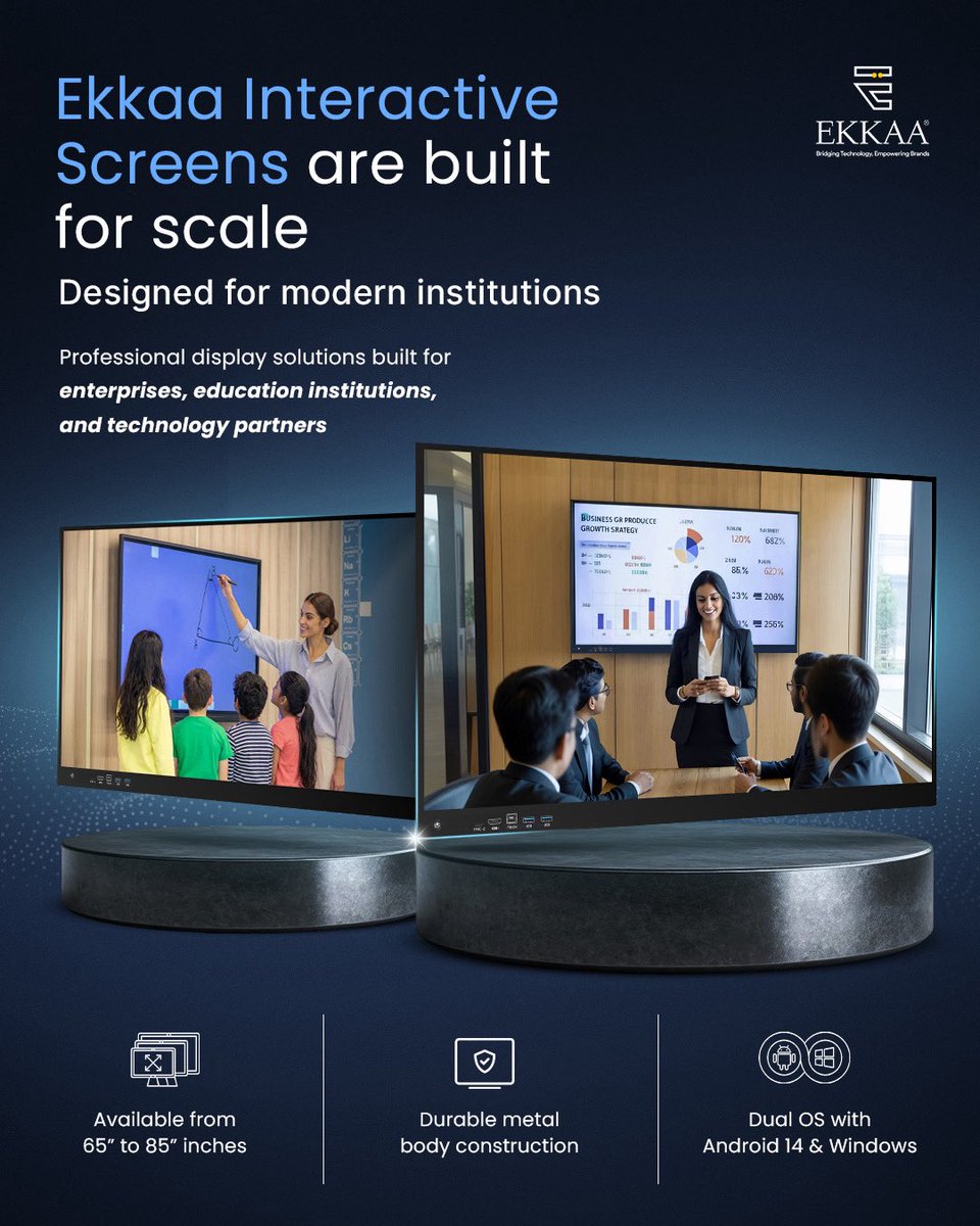 ekkaaofficial's tweet image. Ekkaa Interactive Screens (55”–98”) deliver powerful performance for any space. Durable metal build with Dual OS (Android 14 &amp;amp; Windows) ensures seamless flexibility. Built for scale, impact, and future-ready workspaces.

#EkkaaElectronics #InteractiveScreen #FutureOfWork