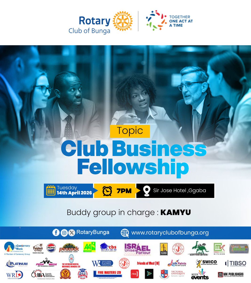 RotaryBunga's tweet photo. Join us this Tuesday for our Club Business Fellowship as we connect, share ideas, and grow together.
📍 Sir Jose Hotel, Ggaba
⏰ 7PM
#TogetherOneActAtATime #RotaryBunga https://t.co/OBrCIylPwB