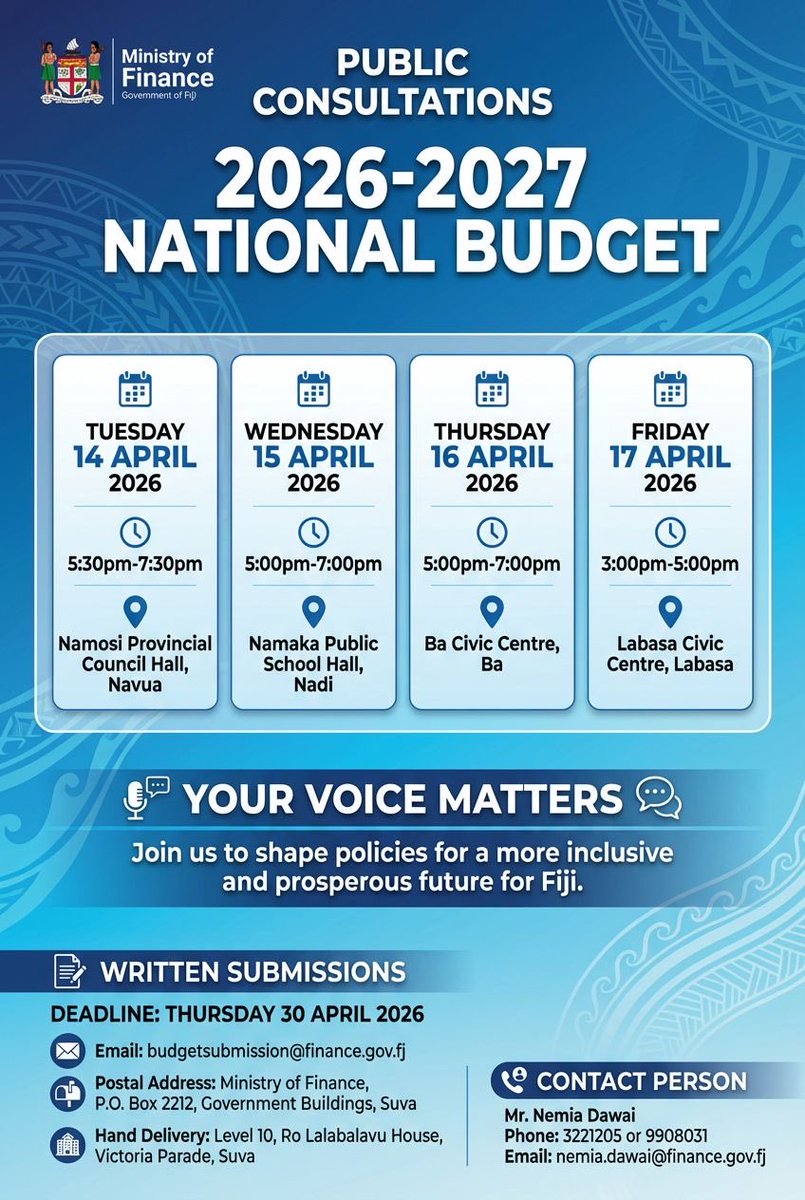 MoF_FJ's tweet image. Join the 2026–2027 National Budget Consultations and share your ideas to help shape a stronger future for Fiji. #FijiBudget2026 #NationalBudget #PublicConsultation #YourVoiceMatters