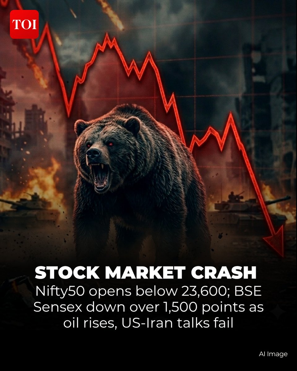 timesofindia's tweet image. #Indian #stockmarket benchmark indices, #Nifty50 and #BSE Sensex, tanked in opening trade on Monday as fresh #geopolitical tensions weigh on sentiment, following the collapse of US-Iran peace talks and a sharp rise in oil prices.

Know more 🔗 toi.in/Ex9LOa