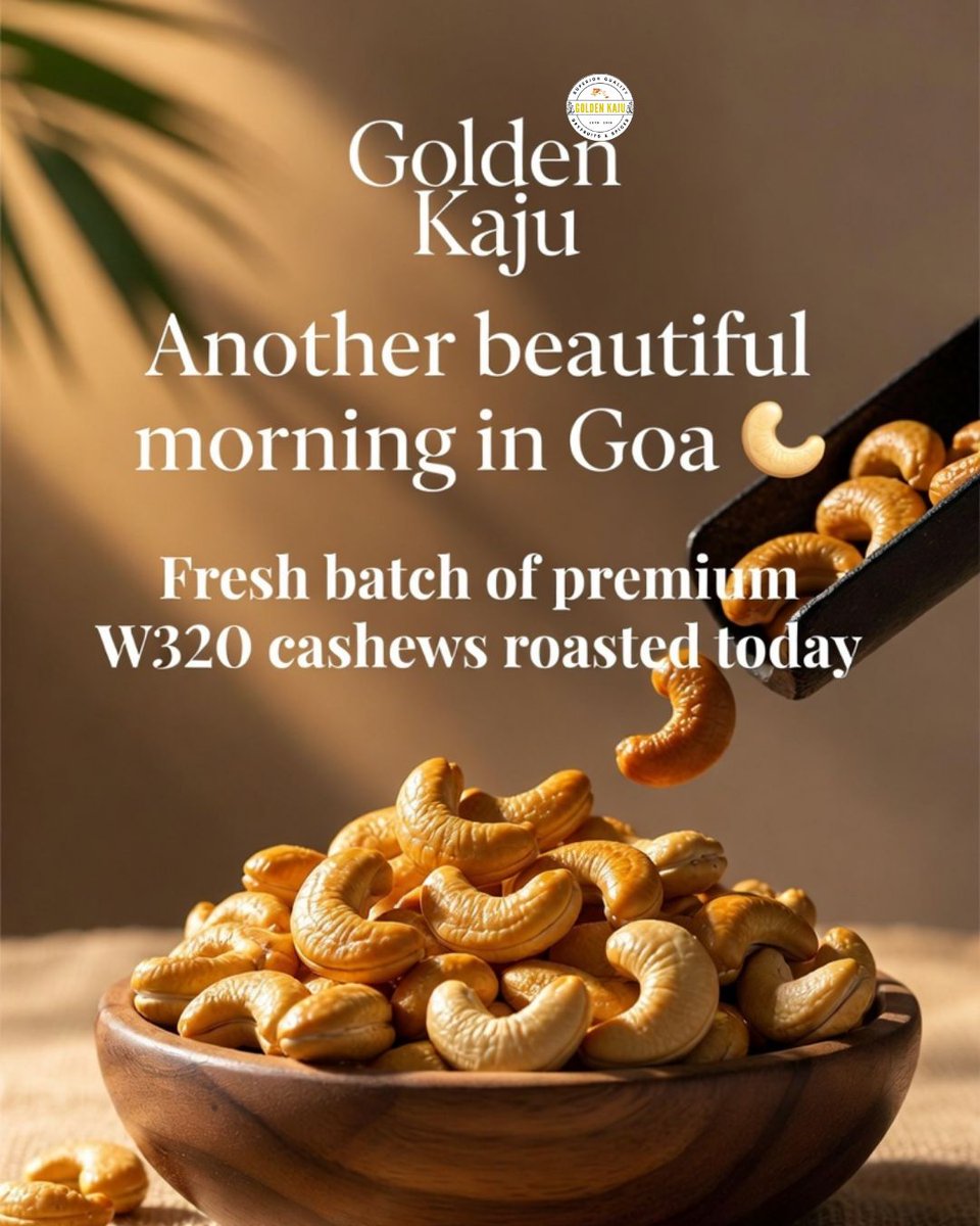 GoldenKaju's tweet photo. Another beautiful morning in Goa ☀️
Even though tourist season is quiet right now, our team at Golden Kaju is still roasting fresh cashews every single day.
We believe good quality never takes a break.

#GoldenKaju #FreshGoanCashews #MadeInGoa #SmallBusinessGoa https://t.co/icGeFnDbxE