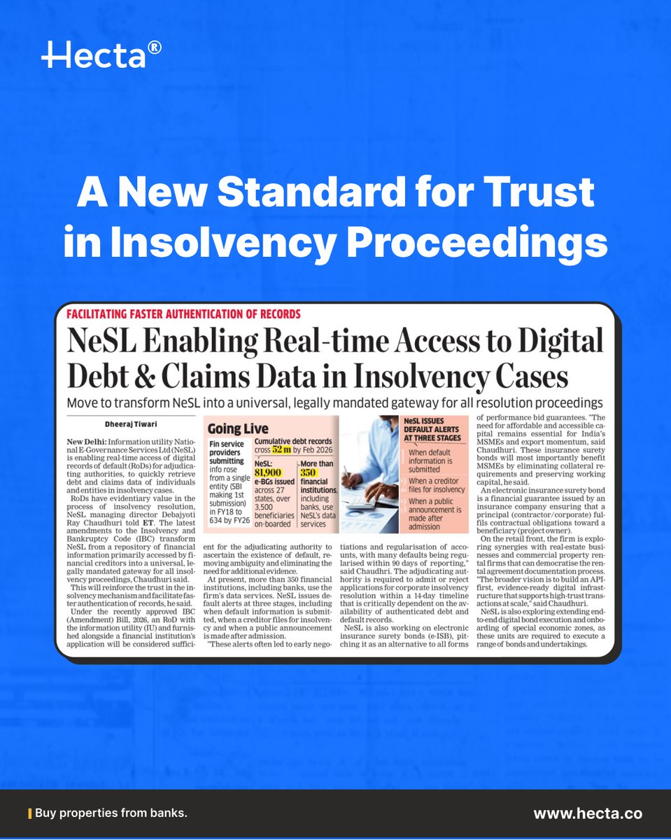 HectaProptech's tweet image. In India’s #insolvency ecosystem, one challenge has always stood out:

Can we trust the data behind a claim?

Because before any #resolution, #bidding, or #recovery—
Everything depends on the verification of #debt and #default.

And that’s exactly where NeSL is changing the game.