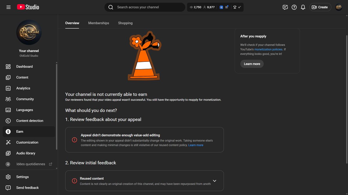 OldGold_Studio's tweet photo. It’s now been over 13 days since my channel (OldGold Studio) was demonetized for “reused content.”

The frustrating part? I don’t react to or reuse anyone’s visuals. every single scene on my channel is created by me from scratch.

What makes it worse is that I was approved for monetization by a real human just 16 days before this happened… and then suddenly removed for no reason.

I’ve been in contact with YouTube support, and my case has been escalated.
But 13 days and I’m still waiting… no answer yet.

@TeamYouTube how long does it take to get a real human review to fix this? This situation is becoming exhausting.

I just hope this doesn’t end with another ai generic automated response like many creators are getting.

link: https://t.co/SCijYHYEFr
Case ID: 5-0434000040305