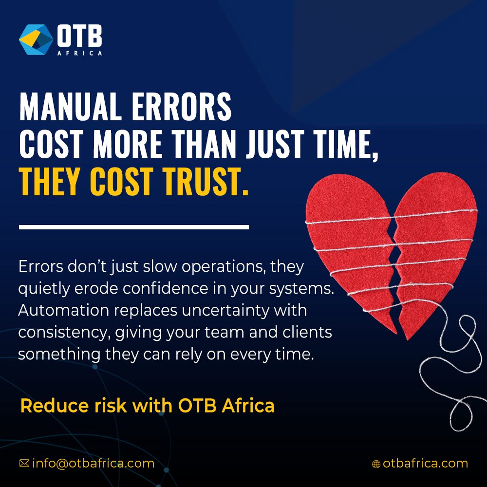 otbafrica's tweet image. One small error = lost time.
Too many errors = lost trust. 💔

Automation flips the script → consistency, reliability, confidence.

👉 Ready to reduce risk and work smarter?
#Automation #Efficiency #Monday #OTBAfrica