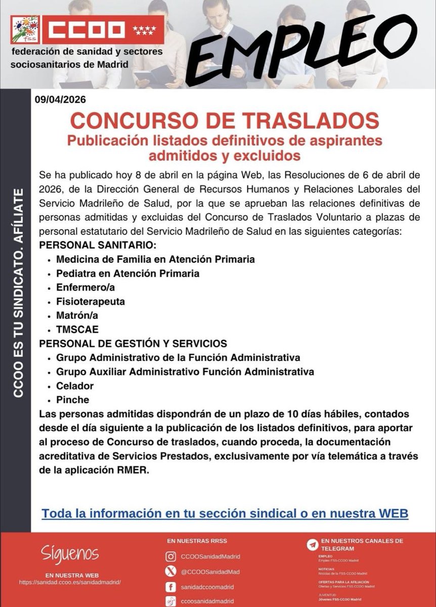JuanccooH's tweet photo. #BuenosDias #FelizLunes y por supuesto, #FelizSemana

Publicados los listados #Definitivos de admitidos y excluidos en los #Traslados externos del #SERMAS.

Se abre plazo de 10 días hábiles para aportar la documentación a través de #RMER. Acércate si necesitas ayuda.

#CCOO https://t.co/U8YeAffGxp