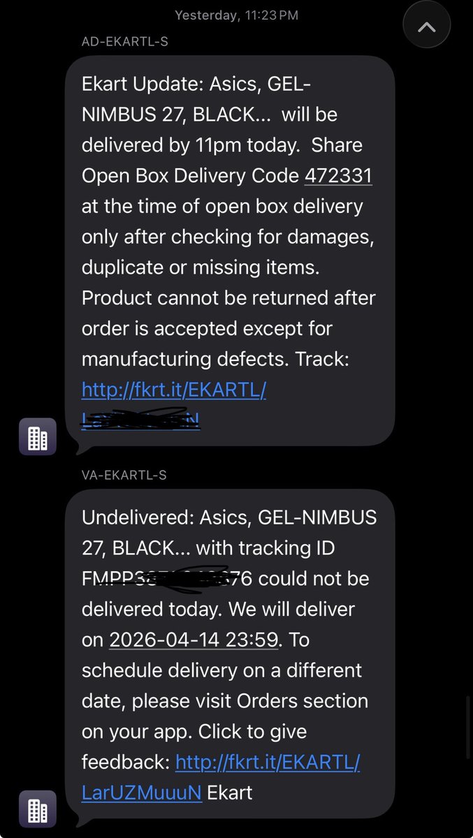 naadan_chhora's tweet photo. Can someone at @Flipkartsupport explain why a March 31 order for Asics shoes still hasn't arrived by mid-April? (Pic 1). Every delivery attempt is fake. The height of absurdity was April 12 (Pic 2): An SMS received at 11:23 PM promising delivery by 11:00 PM. https://t.co/VNoO0CkZtb
