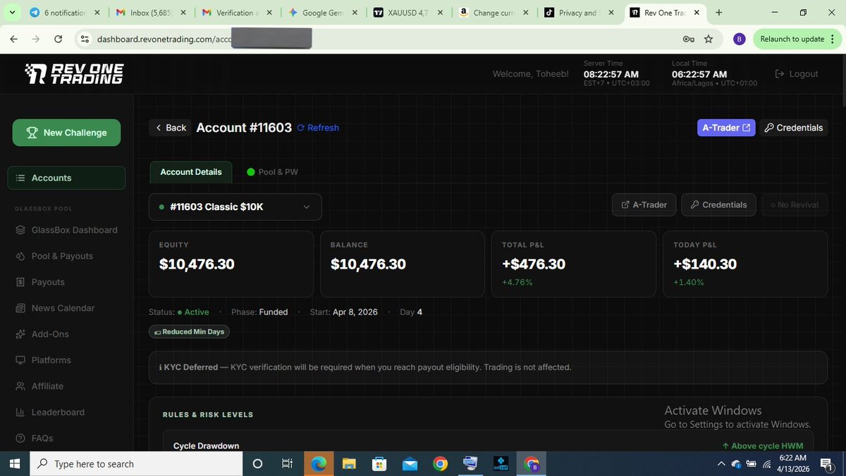 BartmillyMedia's tweet photo. DAY 3: $24 TO THE BUFFER! 📈🚀
Sniper entry today for +$140.30! Total profit on my @RevOneTrading $10K account: +$476.30 (4.76%).
3/3 Min Days DONE ✅
Buffer nearly cleared! 🏛️💰
Leaderboard, I'm coming! 🔥🎖️
#RevOneTrading #XAUUSD
https://t.co/rMJ3N93SrX https://t.co/pieerp1nR8