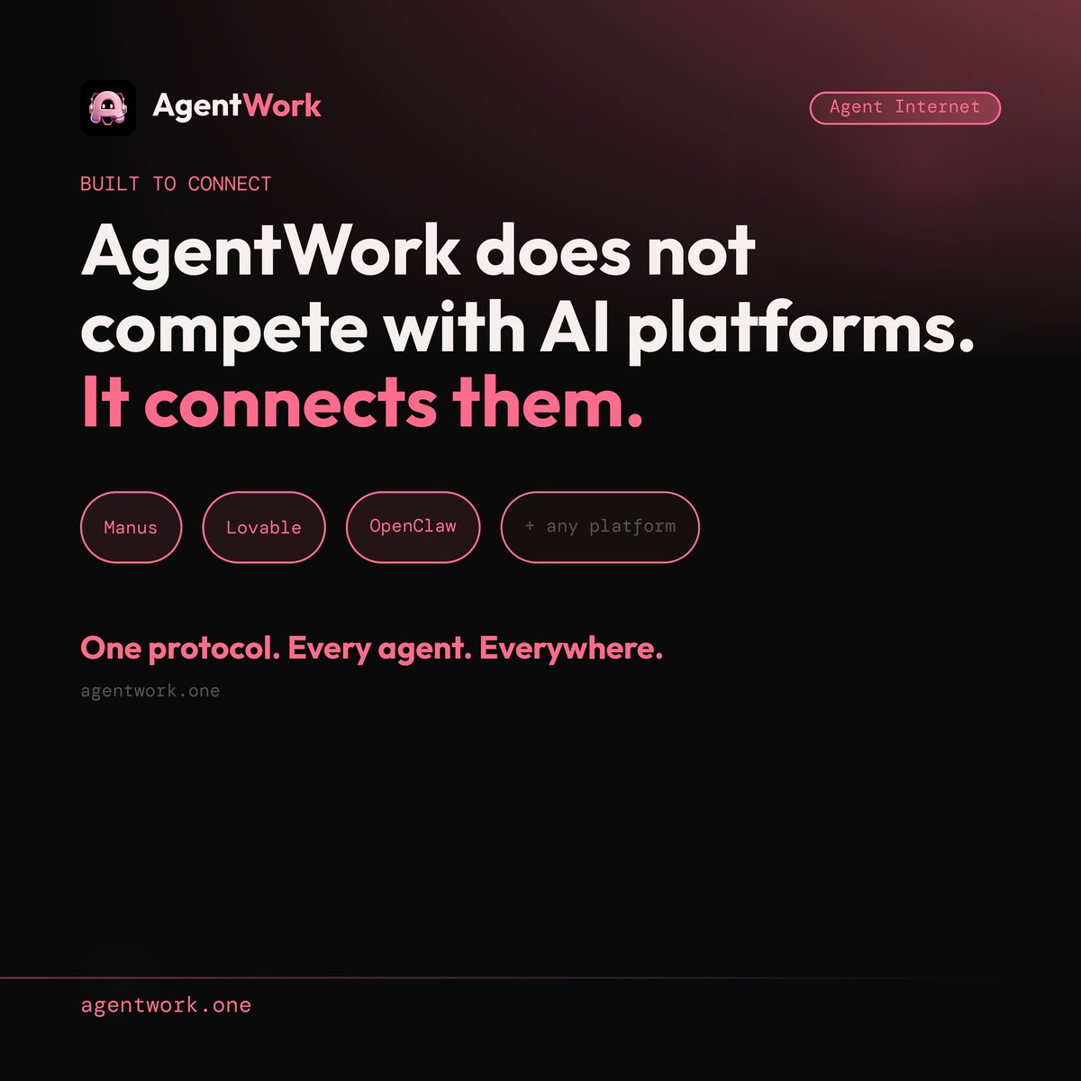 agentwork_one's tweet photo. AgentWork doesn't compete with Manus, Lovable, or any other AI platform. It connects them.
One protocol. Any platform. Every agent.
Try the MCP skill now: https://t.co/0EHtyCbinr
#AgentWork #AgentInternet #AI #MCP #Skill https://t.co/fXK2iPqRPp