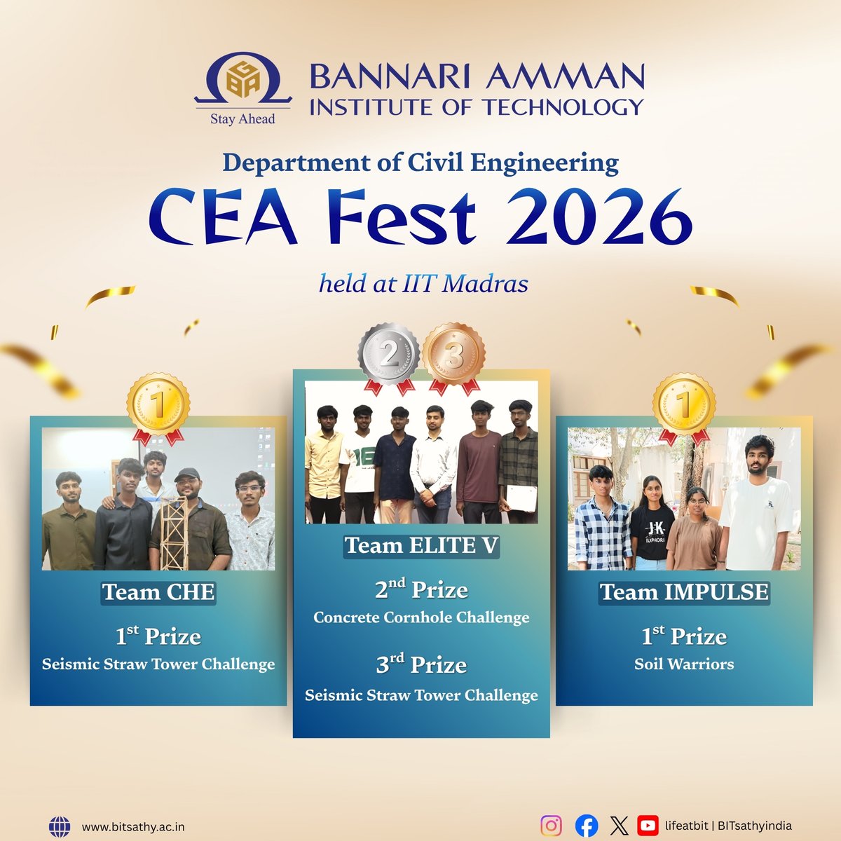 Bitsathyindia's tweet image. Our students excelled at CEA Fest 2026 @ IIT Madras 🎉

🥇 Team CHE – Seismic Straw Tower
🥈 Team ELITE V – Concrete Cornhole
🥉 Team ELITE V – Seismic Straw Tower
🥇 Team IMPULSE – Soil Warriors

#CEAFest2026 #CivilEngineering #EngineeringStudents #StudentAchievement #bitsathy