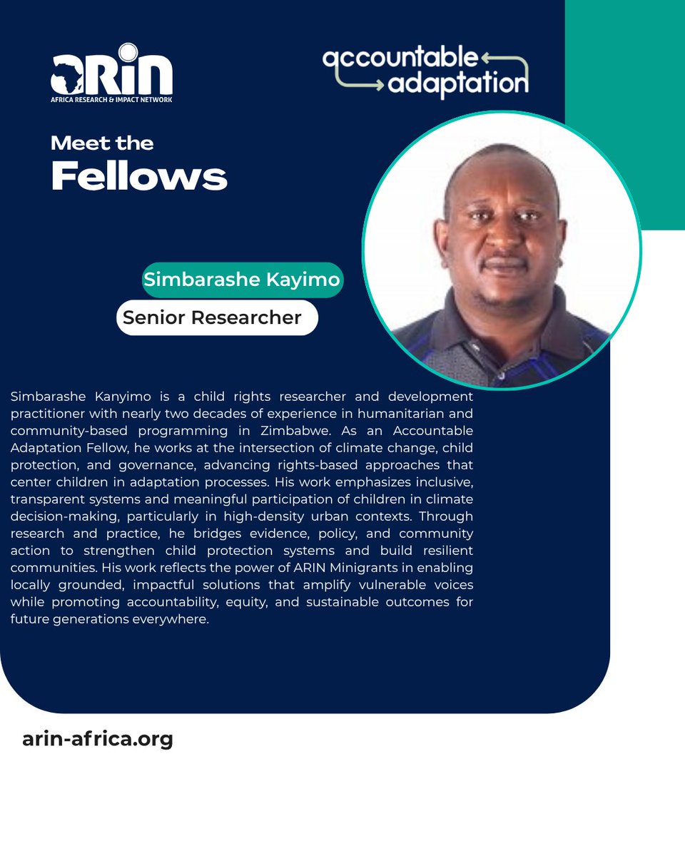 arin_africa's tweet photo. Fellows Spotlight
Through the @arin_africa #minigrant, Simbarashe Kayimo is advancing inclusive, rights based climate adaptation in Zimbabwe. @arin_africa #minigrants empower locally grounded research that drives accountability and sustainable impact across #Africa. https://t.co/ku1z9lrYtH
