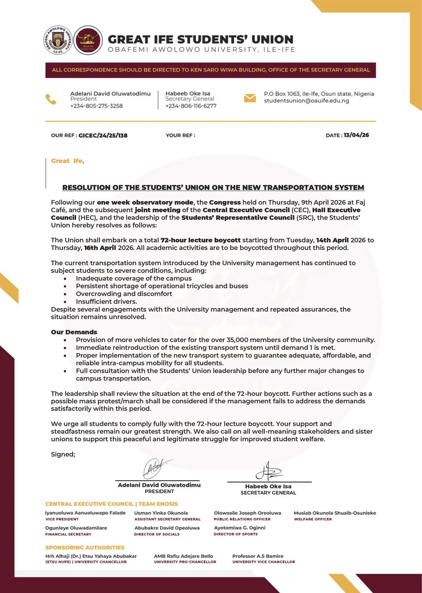 GreatIfe_SU's tweet photo. RESOLUTION OF THE STUDENTS UNION ON THE NEW TRANSPORTATION SYSTEM https://t.co/EC45grZvKc