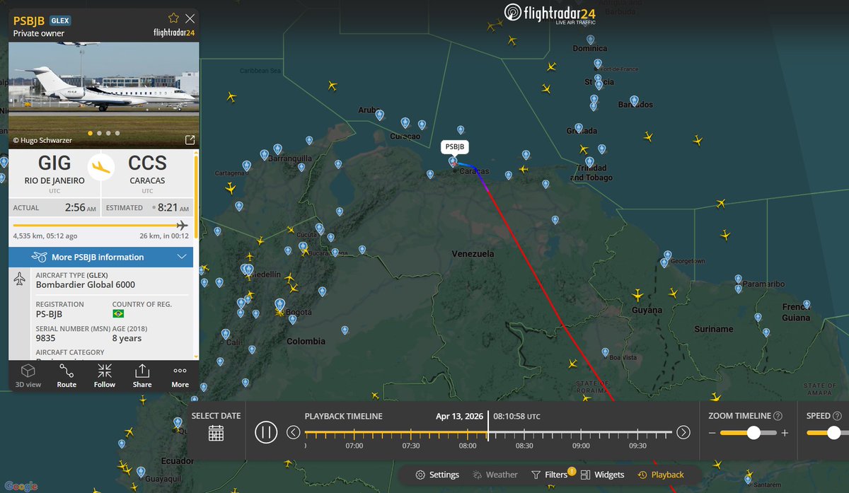 Flightwatcher1's tweet image. J&amp;amp;F Bombardier Global 6000
Matrícula: PS-BJB
Hex: #e49e28
Desde Río de Janeiro🇧🇷 hasta Caracas🇻🇪, avión perteneciente a los famosos hermanos Batista
bloomberglinea.com/latinoamerica/…
#Brasil #Venezuela