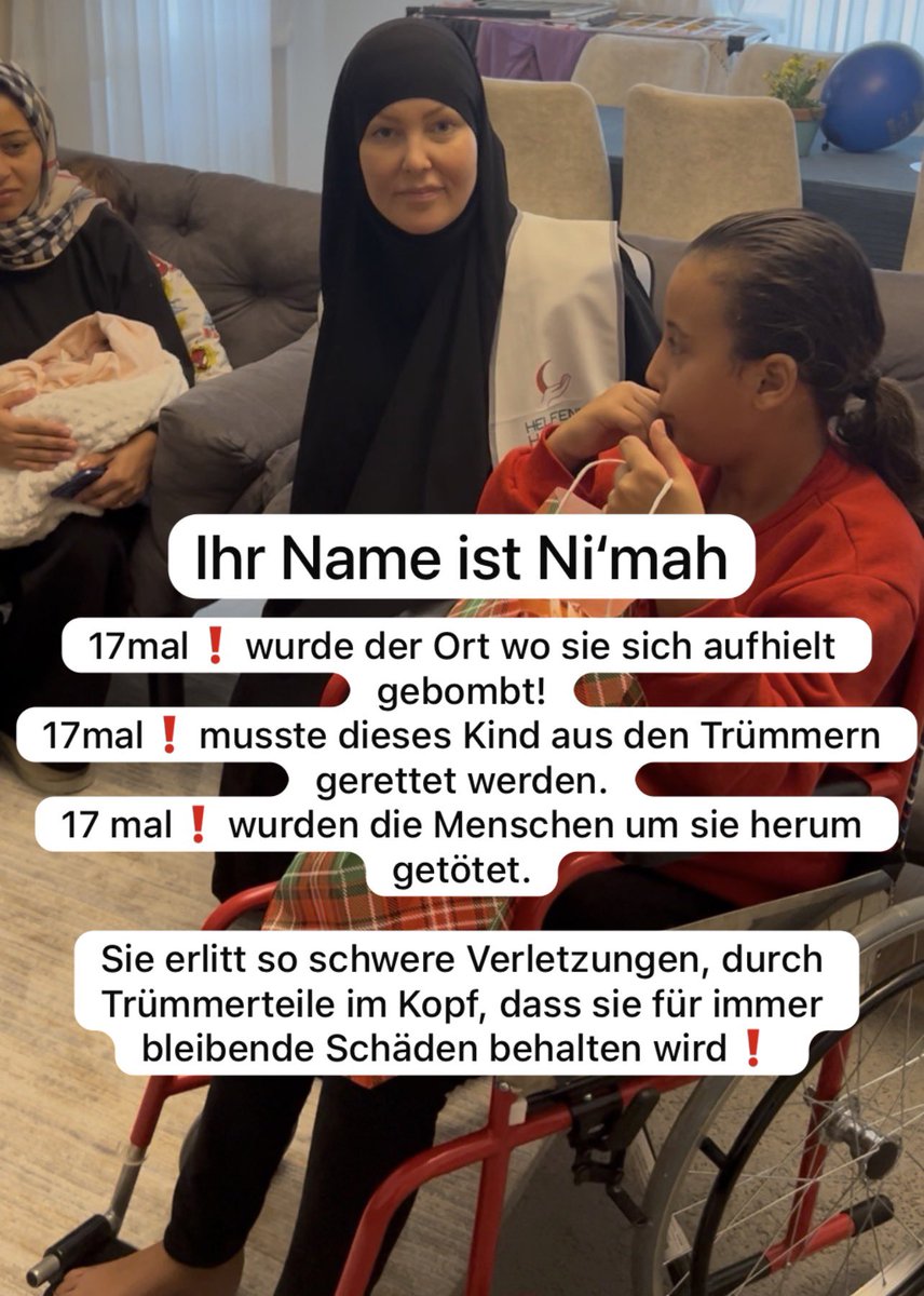 HannaHansen's tweet image. Ihr Name ist Ni’mah.

17 Mal Bomben.  
17 Mal unter Trümmern.  
17 Mal Tod um sie herum.

Jetzt im Rollstuhl. Für immer gezeichnet.

Das ist ein Kind. Kein Symbol. Kein „Fall“.  
Ein Mensch.

Vergiss sie nicht. #Ummah #Politik #Genocide