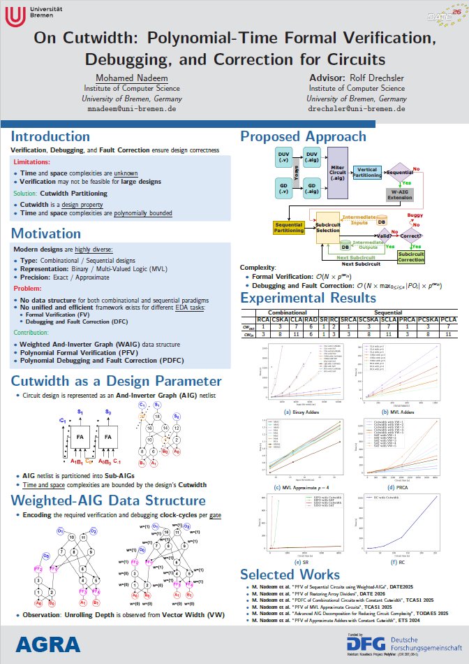 agra_uni_bremen's tweet image. Tomorrow at #DATE: Mohamed Nadeem will present a poster about "On cutwidth: Polynomial-time formal verification, debugging, and correction for circuits" | PhD Forum
*
#conference #design #automation #test @Rolf_Drechsler