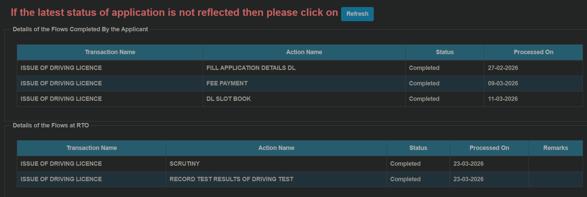 Dhiren_Sonawane's tweet image. @MahaTransport @nitin_gadkari @parivahansewa My DL application (No. 946752726) at RTO Jalgaon MH19 is pending at the 'APPROVAL OF DL' stage since 23-03-2026 despite passing the test on 12-03-2026. Please look into this delay. #DrivingLicense #RTO #Maharashtra