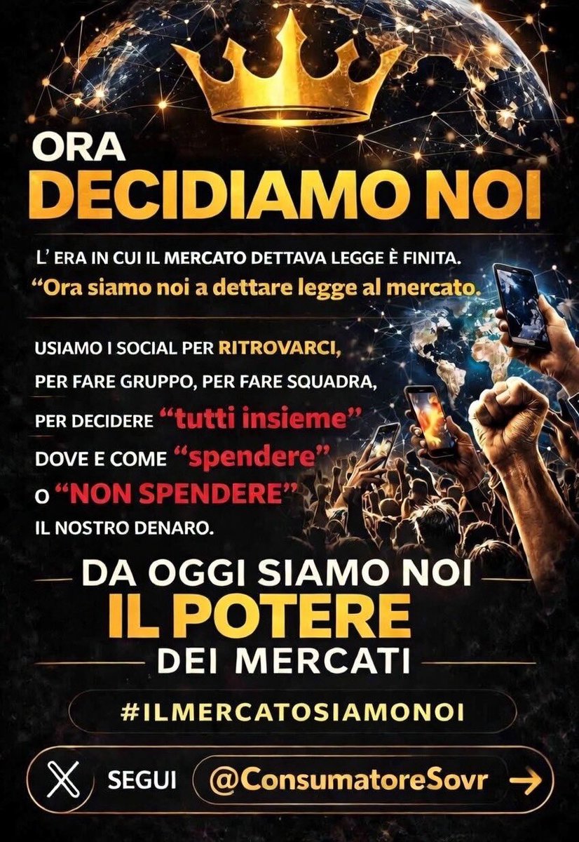 L’era in cui era il mercato a dettare legge è finita.
Da oggi siamo noi a dettare legge al mercato.
Usiamo i social per ritrovarci, fare gruppo, fare squadra.
Per decidere tutti insieme dove e come spendere (o non spendere) il nostro denaro.
#ConsumatoreSovrano ©️👑