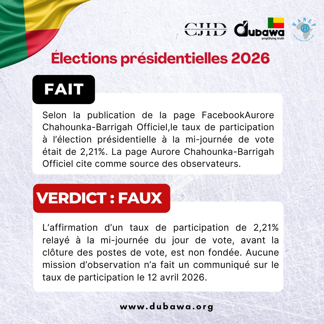 DubawaFR's tweet photo. #Benin 
Une publication affirme un taux de participation de 2,21 % à mi-journée, mais cette information est fausse et sans source officielle.
Lien de l'article : https://t.co/yV3bjoafkh
#presidentielle2026 #vote229 https://t.co/xIOn6Xr3ql