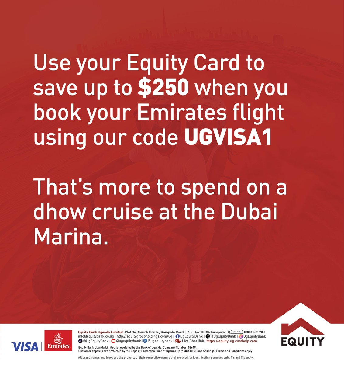UgEquityBank's tweet image. Get your adrenaline pumping with thrilling adventures in the Dubai desert! 

Use your Equity Card to save up to $250 when you book your Emirates flight using our code UGVISA1  

That's more to spend on a dhow cruise at the Dubai Marina.

#EquityBankUganda