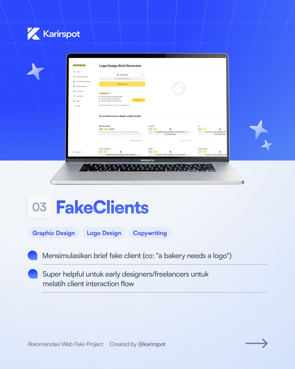 karirspace's tweet image. guys, kalo lo less-experience, ini ada beberapa website fake project yang bisa lo coba beserta bidangnyaa.

semoga sedikit-banyak bisa ngebantu yaa &amp;lt;3
