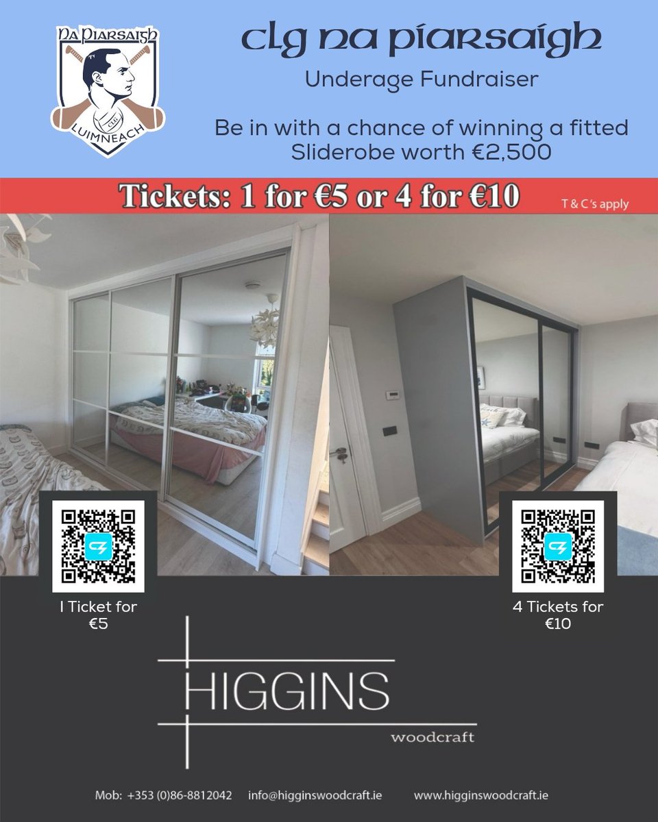NapGAA's tweet photo. Be in with a chance of winning a fitted sliderobe worth €2,500.

This is a Na Piarsaigh Underage fundraiser with prize kindly sponsored by Higgins Woodcraft. 

4 for €10:
https://t.co/KWTTmlRU9p

1 for €5:
https://t.co/EirTRhfmYl https://t.co/lPOVebbDRK