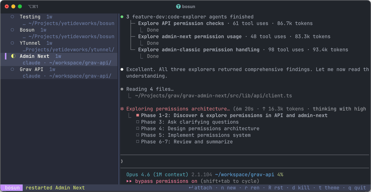 getgrav's tweet photo. I just wrote Bosun - a Rust TUI for managing parallel Claude Code / Codex / shell sessions on tmux. Live pane previews, keyboard-driven attach/rename/restart/reorder, Ctrl+Q detach, 10 themes. `brew install yetidevworks/bosun/bosun` · https://t.co/XymvGGPaaf https://t.co/WWA01XmGIJ