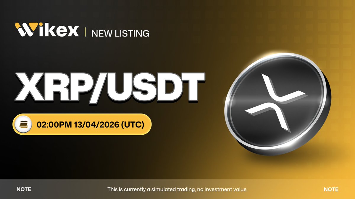 WikexExchange's tweet image. 📢 Wikex lists XRP/USDT (Simulation Trading)

🕑 Opens: 02:00 PM (UTC), April 14, 2026

Trade risk-free with real market data, test strategies &amp;amp; level up your trading experience.

🚀 Start now on Wikex!

#Wikex #XRP #CryptoTrading