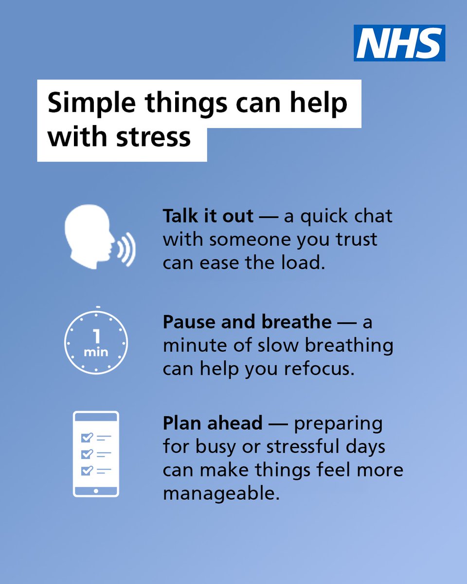 NHSuk's tweet photo. It’s #StressAwarenessMonth. 

Most people feel stressed sometimes. But if stress is affecting your daily life, there are things you can try that may help. ⬇️