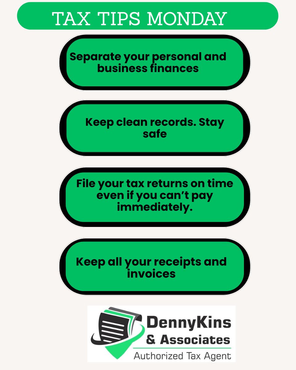 dennykinstax's tweet image. Tax season doesn’t have to be stressful! 💼
Simple habits = fewer headaches ✔️
Start today: organize, record, file, and stay compliant.
#TaxTips #SmartBusiness #FinancialDiscipline