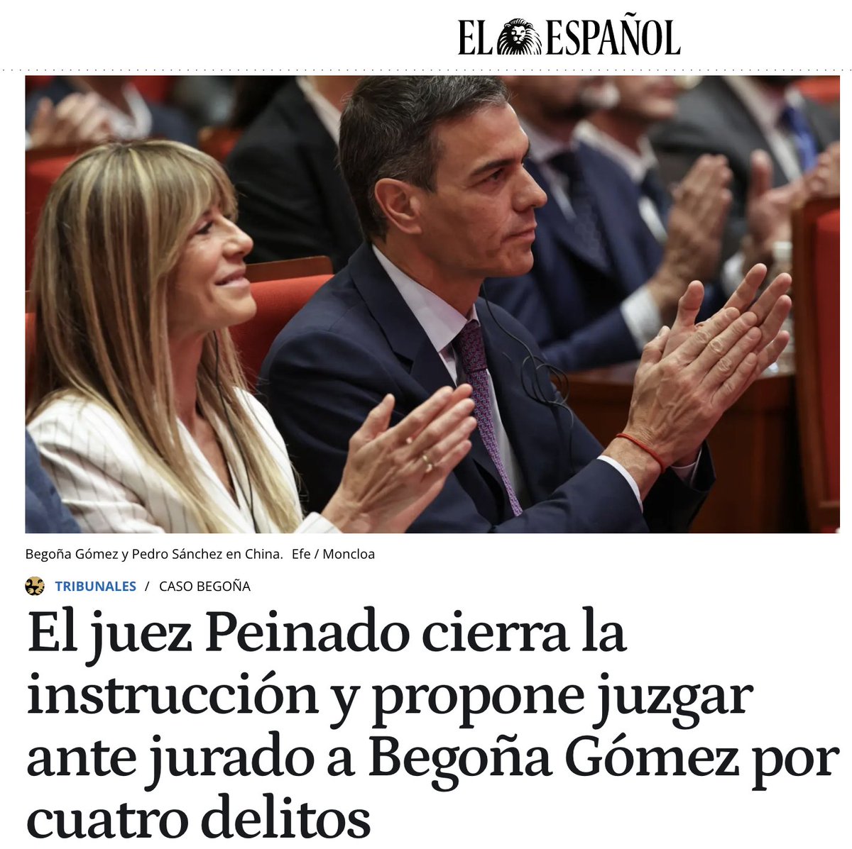 Ni uno, ni dos, ni tres. 

Cuatro delitos para Begoña Gómez: malversación de caudales públicos, corrupción en los negocios privados, tráfico de influencias y apropiación indebida.

En circunstancias normales, esto serían entre 8 y 15 años de cárcel. 

elespanol.com/espana/tribuna…