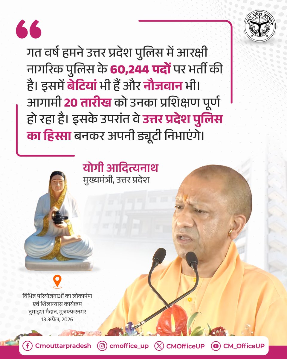 गत वर्ष हमने उत्तर प्रदेश पुलिस में आरक्षी नागरिक पुलिस के 60,244 पदों पर भर्ती की है। इसमें बेटियां भी हैं और नौजवान भी।

आगामी 20 तारीख को उनका प्रशिक्षण पूर्ण हो रहा है। इसके उपरांत वे उत्तर प्रदेश पुलिस का हिस्सा बनकर अपनी ड्यूटी निभाएंगे।

—मुख्यमंत्री <a href="/myogiadityanath/">Yogi Adityanath</a> जी