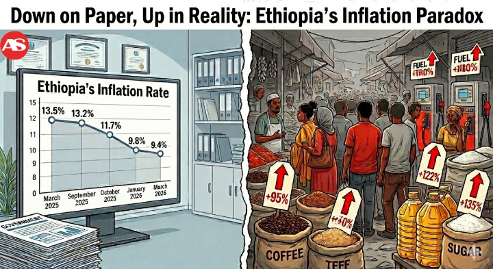 addisstandard's tweet image. Down on Paper, Up in Reality: #Ethiopia’s Inflation Paradox

According to the latest Consumer Price Index (#CPI) released by the Ethiopian Statistical Service (#ESS), Ethiopia’s general inflation rate declined to 9.4% in March 2026, compared with the same period in the previous