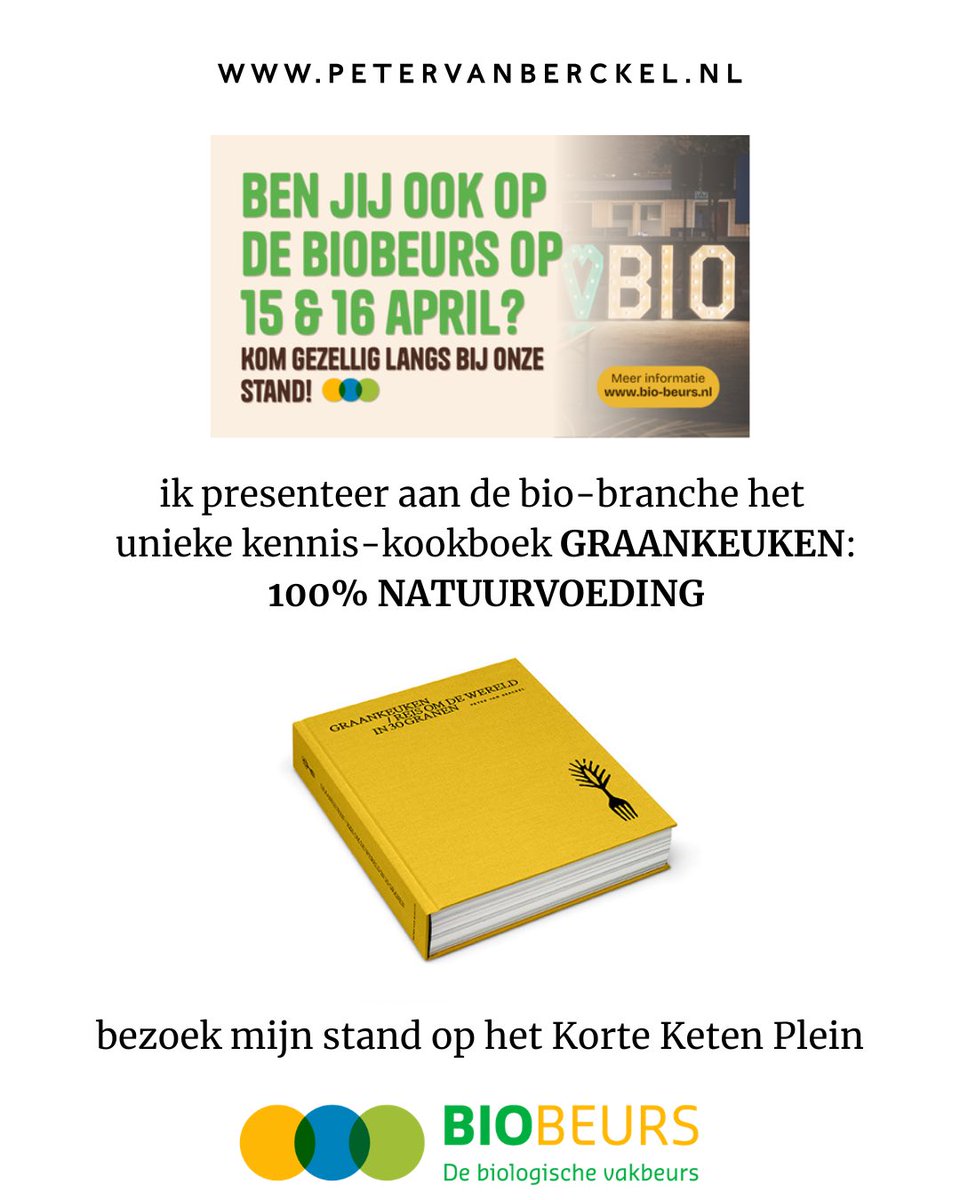 Met trots presenteer ik op BioBeurs mijn baanbrekende boek over volkoren (oer)granen GRAANKEUKEN.

Het boek ademt 570 pagina's natuurvoeding uit elke vezel (net als de auteur trouwens.....).

Ik ontmoet je graag op mijn stand op het Korte Keten Plein.

petervanberckel.nl/graankeuken/