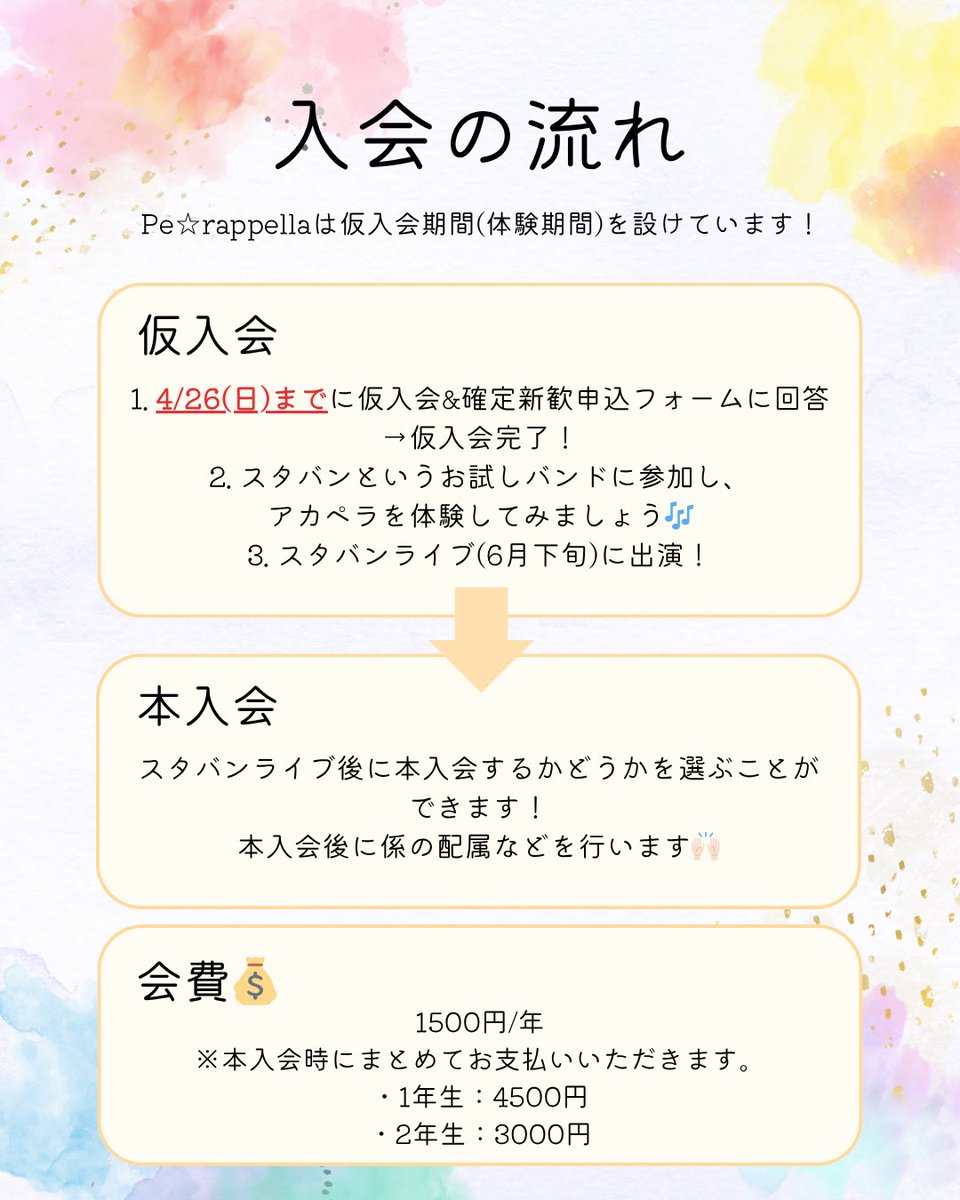 perappella_2's tweet photo. 本日の投稿ではPe☆rappellaに入会するまでの流れをご説明します！

仮入会期間を通して実際にアカペラを体験した後、本入会するかどうかを選ぶことができます🙌🏻

少しでも入会を検討されている方は、ぜひ新歓イベントにご参加ください🌟

フォームはリプ欄に掲載しています⤵️
#春から理科大 https://t.co/3meWySvV57