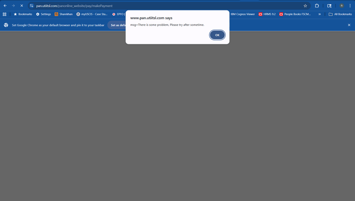 rcprasadreddy's tweet photo. Screenshot proof 👇

Error appears after completing full application at payment stage.

This is happening repeatedly for days — wasting time &amp; effort of users.

If system is down, why allow submissions till the last step?

#UTIITSL #PAN https://t.co/HYU5vgLtjD