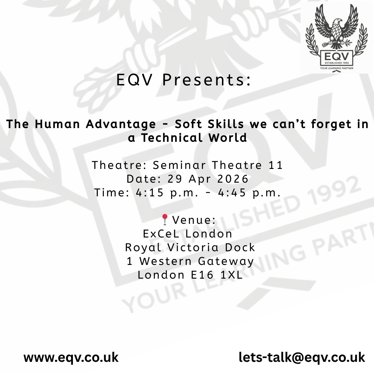EQVTraining's tweet photo. 🗣️ We are proud to share that we will be presenting at the Learning Technologies Exhibition 2026. 

Grab a seat and hear our passionate team speak about all things Soft Skills training! 

Grab your ticket to see us here ➡️ https://t.co/8YOIFXiBQ4 https://t.co/QppQvjqXzW