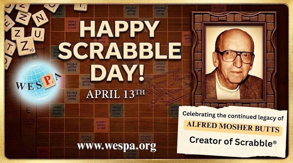 WESPAScrabble's tweet photo. Happy Scrabble Day!

#NationalScrabbleDay
#AlfredButts
#Scrabble https://t.co/jESdnROR2b