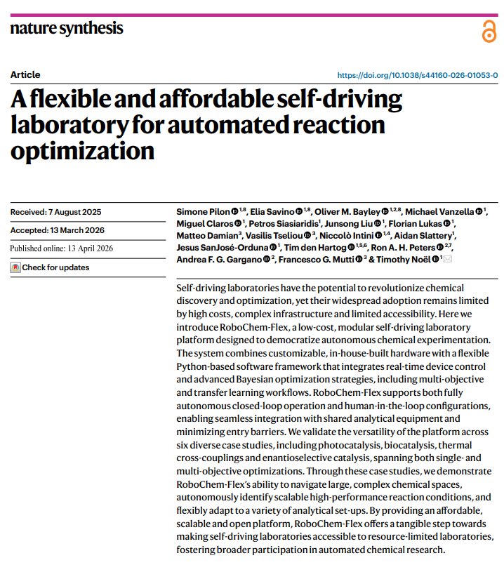 NoelGroupUvA's tweet image. Self-driving labs are transforming chemistry; but high cost &amp;amp; complexity limit access to a few well-funded labs.

We wanted to change that.

Our new paper in @NatureSynthesis introduces RoboChem-Flex 🧪🤖

🔗nature.com/articles/s4416…

#selfdrivinglab #flowchemistry #optimization