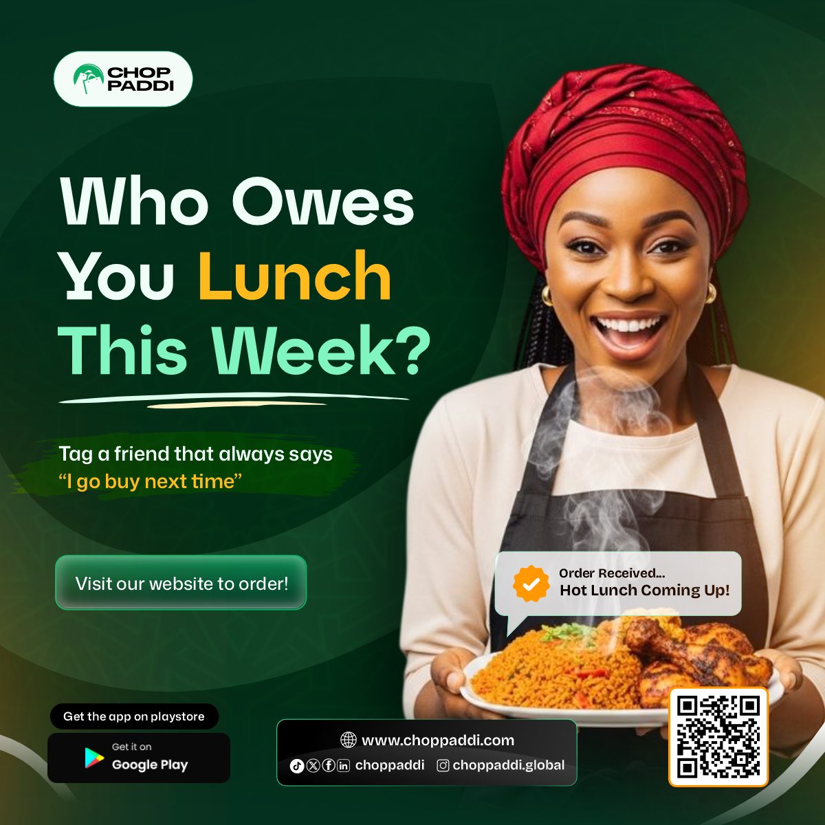 choppaddi's tweet image. You know who owes you lunch this week! 😂🍲

Tag that friend below. Choppaddi is ready to deliver the lunch debt straight to your door

Order now 👉 choppaddi.com

#Choppaddi #NewWeek #OrderNow #FYP